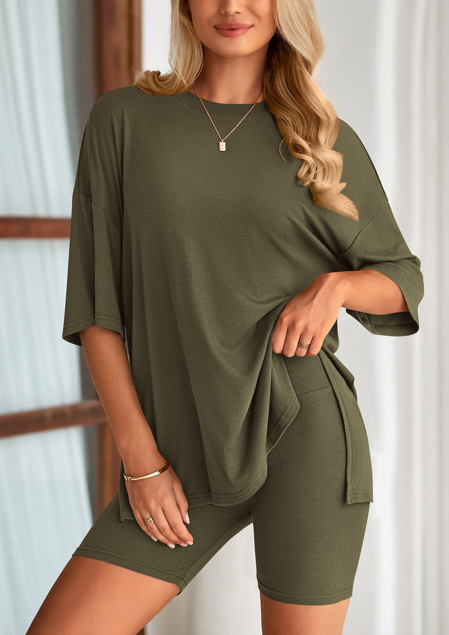 Two Piece Set Of O Neck Top And Casual Shorts