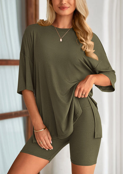 Two Piece Set Of O Neck Top And Casual Shorts