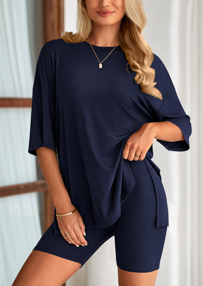 Two Piece Set Of O Neck Top And Casual Shorts