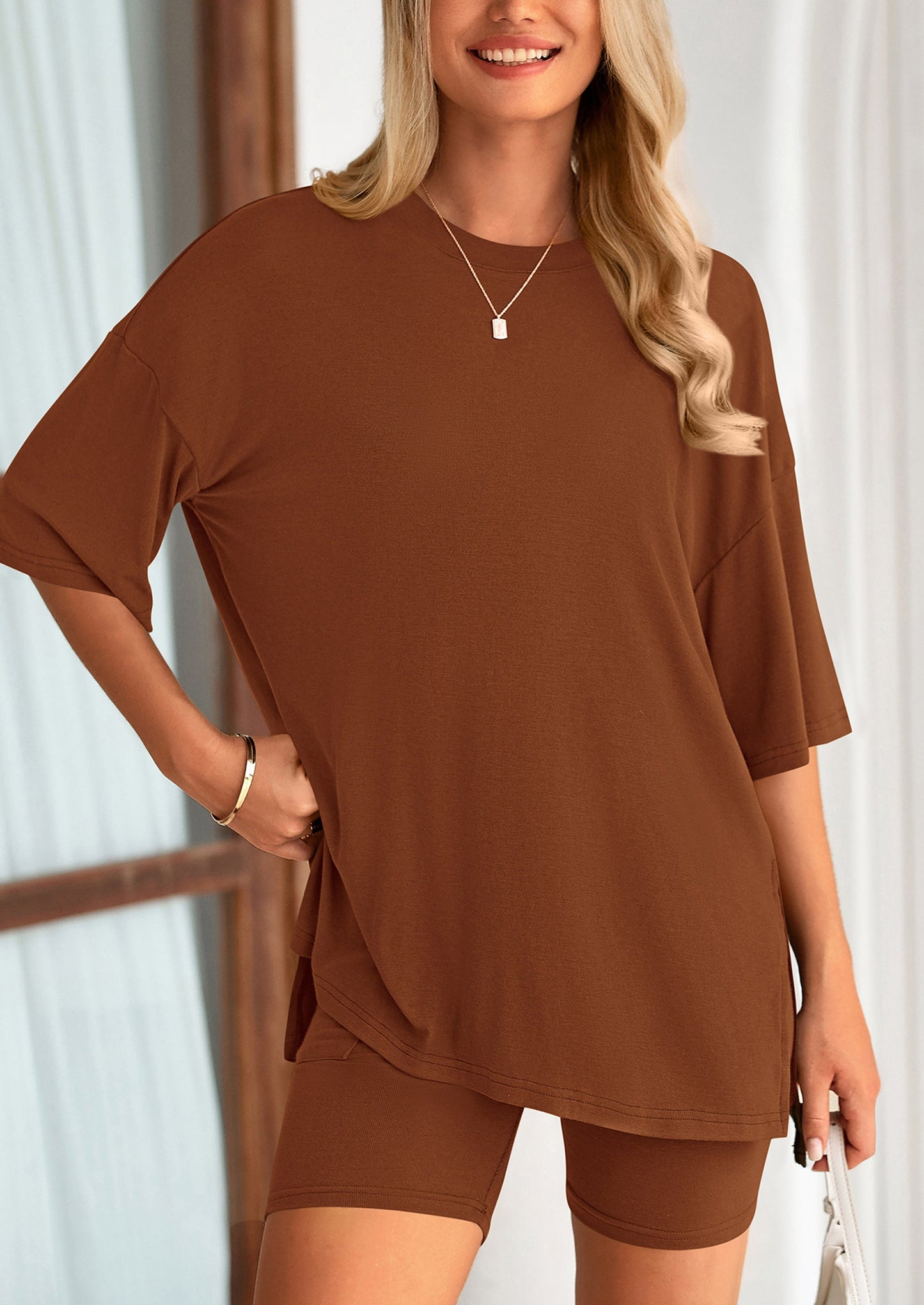 Two Piece Set Of O Neck Top And Casual Shorts