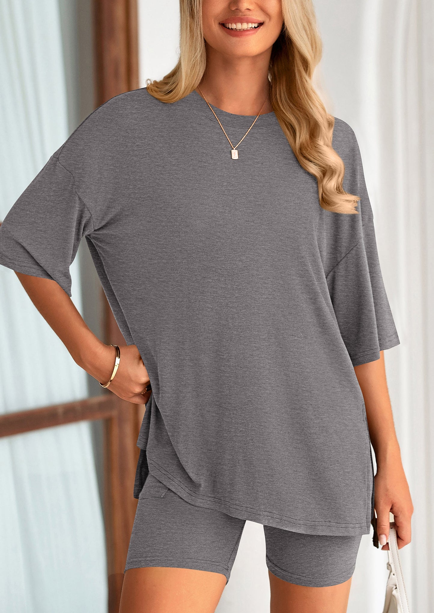 Two Piece Set Of O Neck Top And Casual Shorts