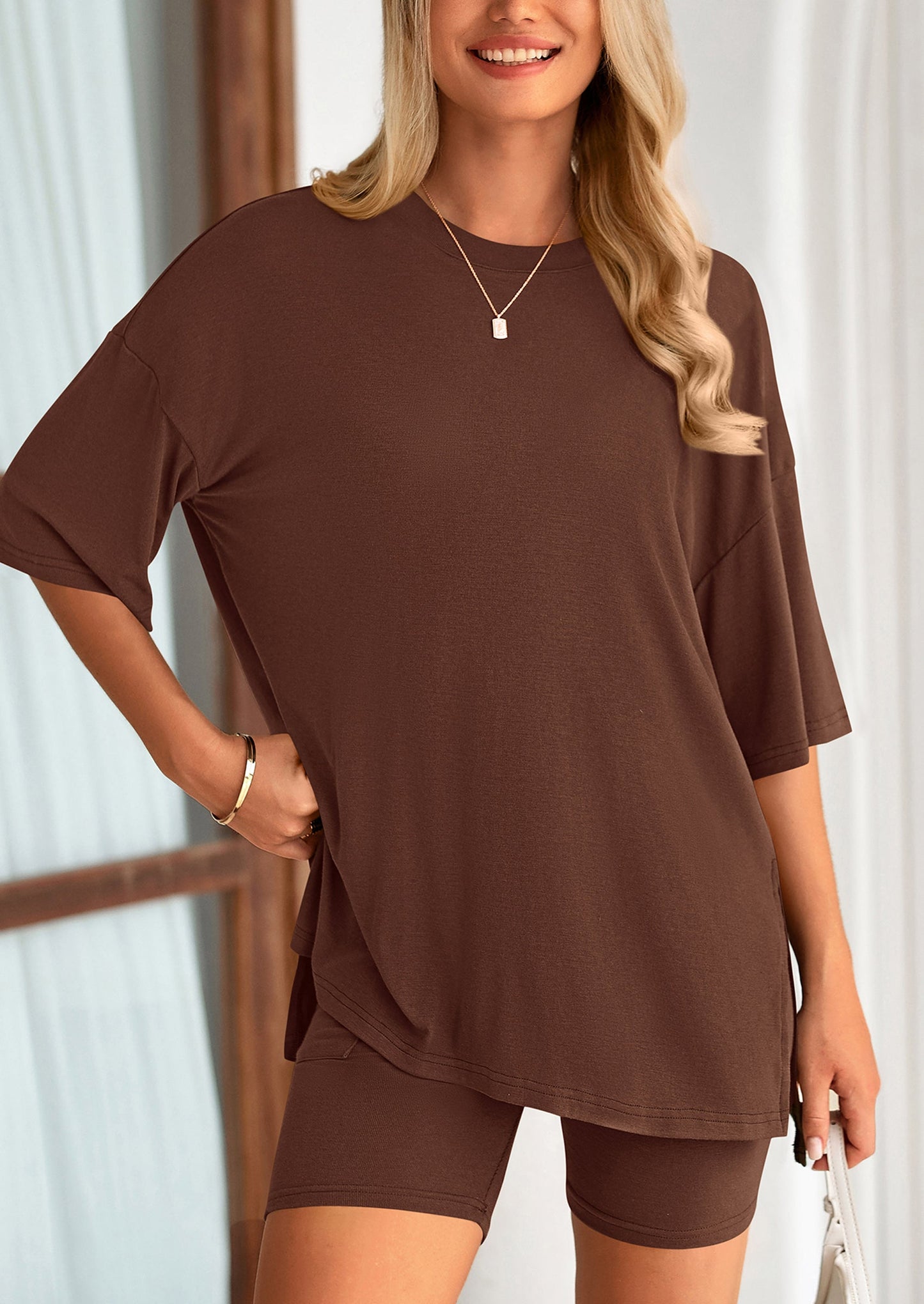 Two Piece Set Of O Neck Top And Casual Shorts
