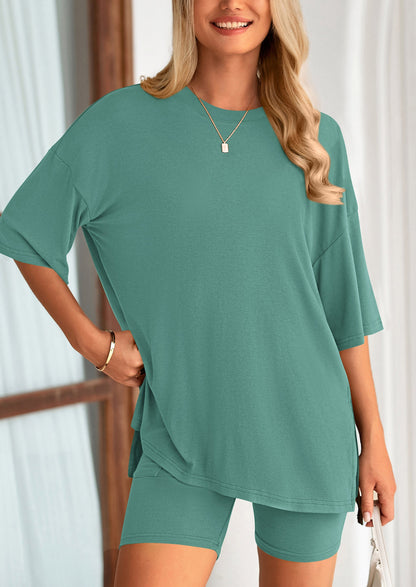 Two Piece Set Of O Neck Top And Casual Shorts