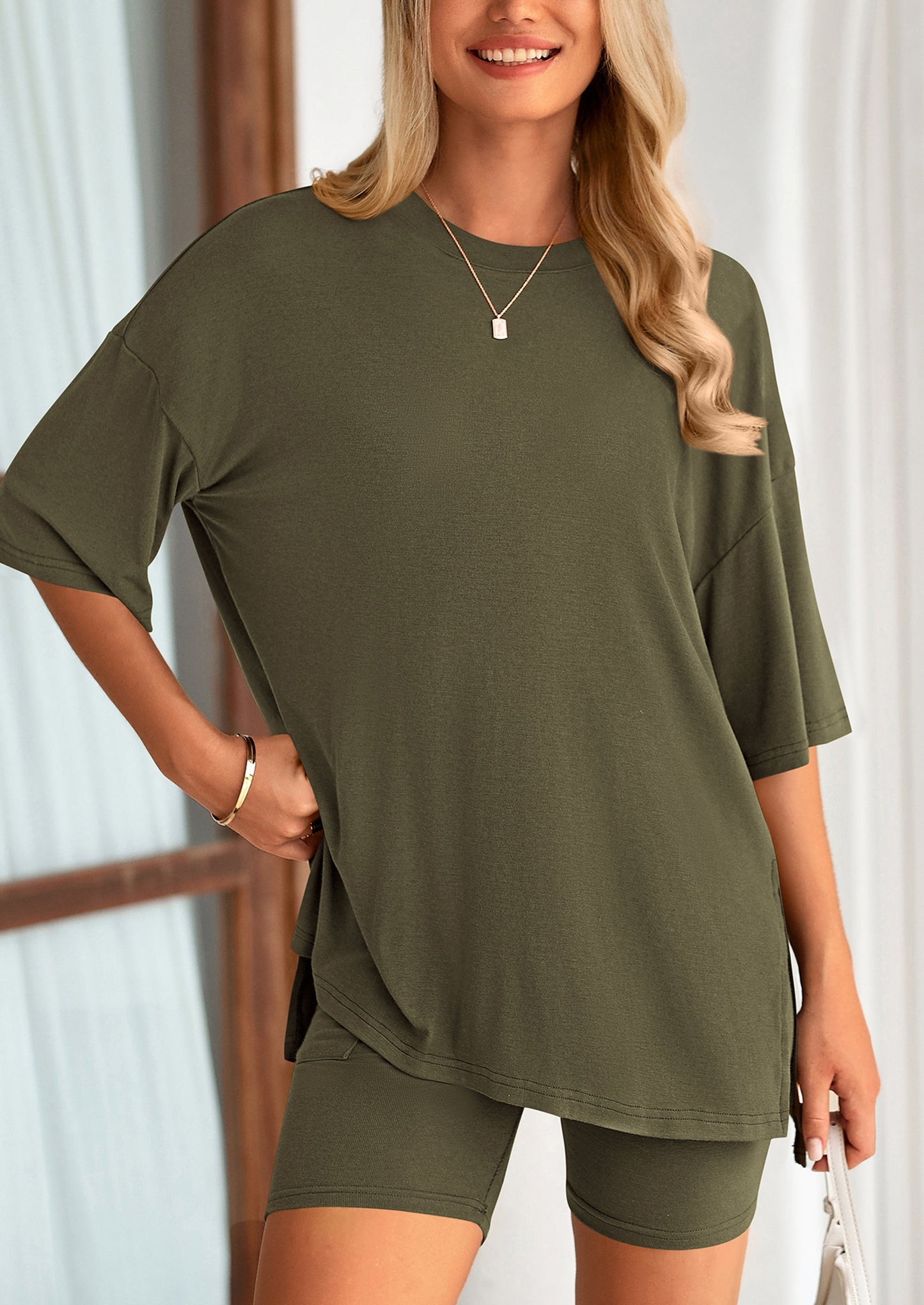 Two Piece Set Of O Neck Top And Casual Shorts