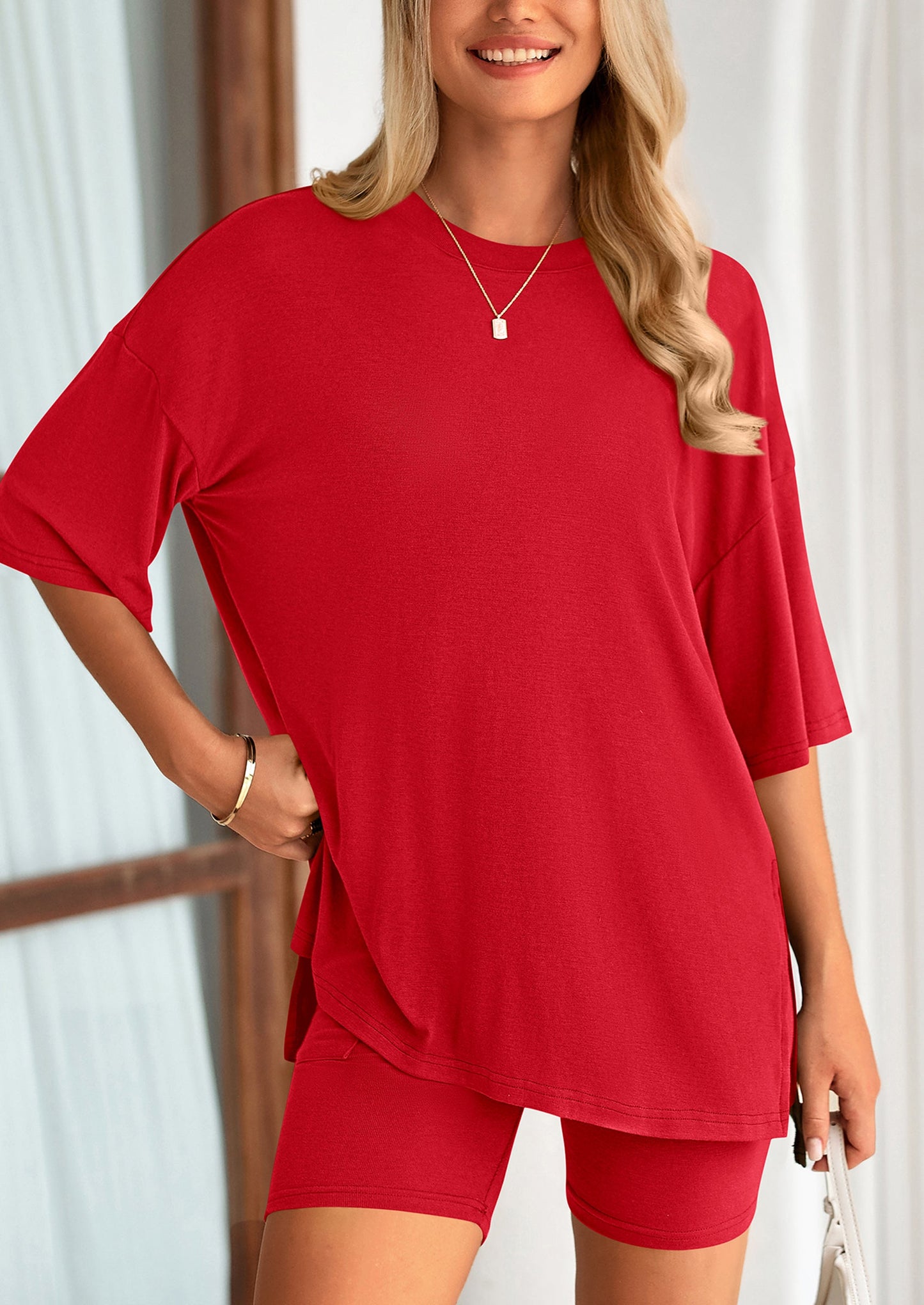 Two Piece Set Of O Neck Top And Casual Shorts
