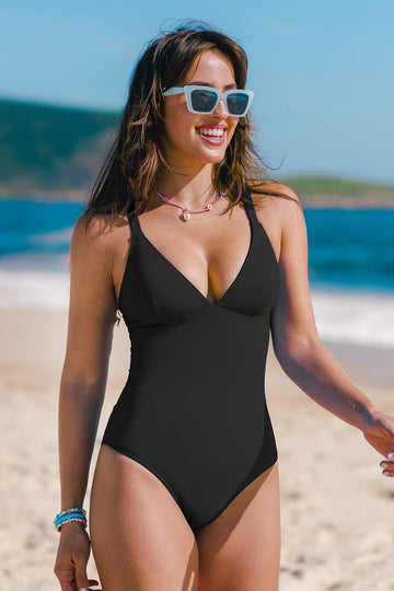 Sculpt Me – Black Plunging One-Piece with Lace-Up Back