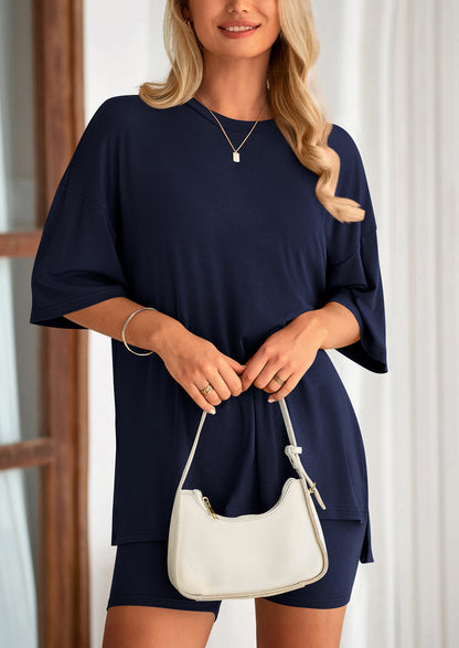 Two Piece Set Of O Neck Top And Casual Shorts