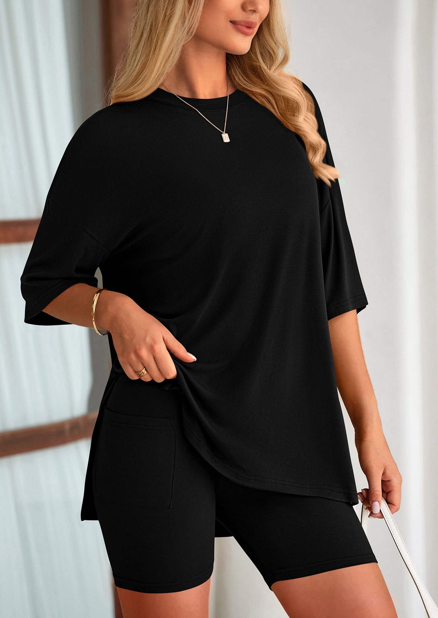Two Piece Set Of O Neck Top And Casual Shorts