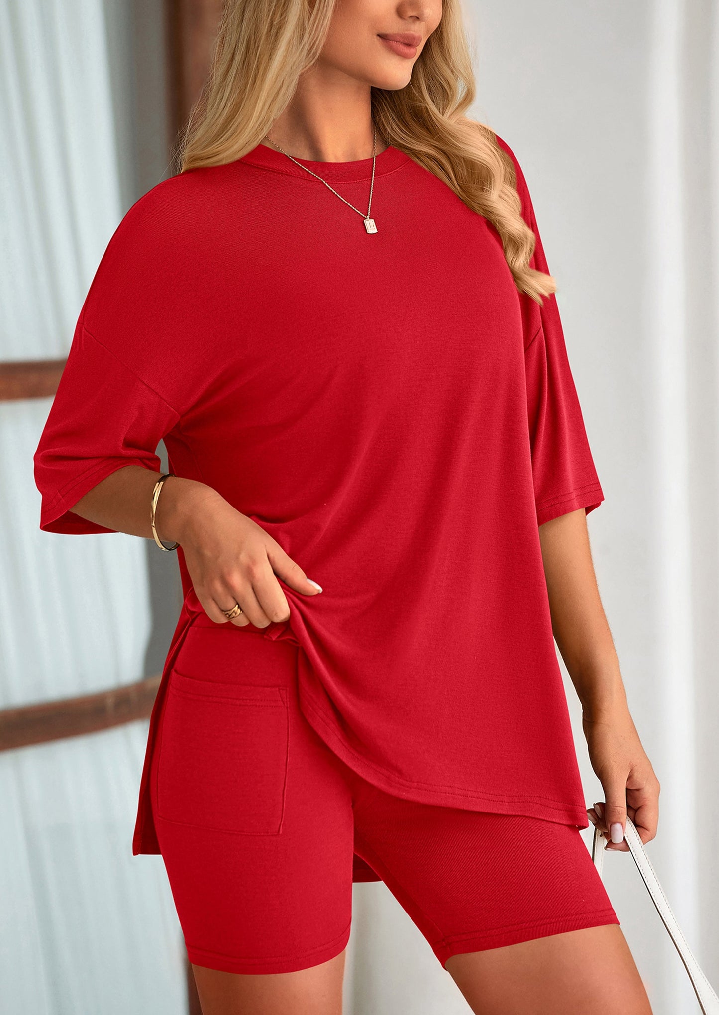 Two Piece Set Of O Neck Top And Casual Shorts