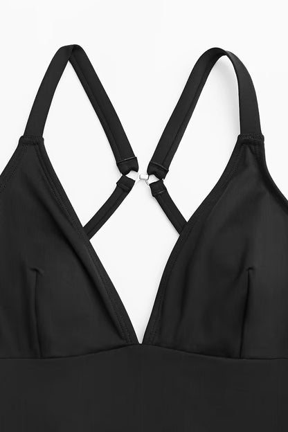 Sculpt Me – Black Plunging One-Piece with Lace-Up Back